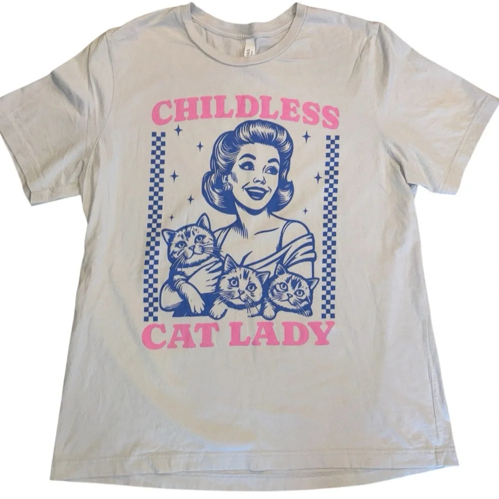 Bella Canvas Cream Childless Cat Lady T-Shirt with Purple and Pink Graphics